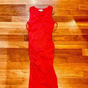 Cherry Red Micheal Stars V-Neck fitted ruched dress